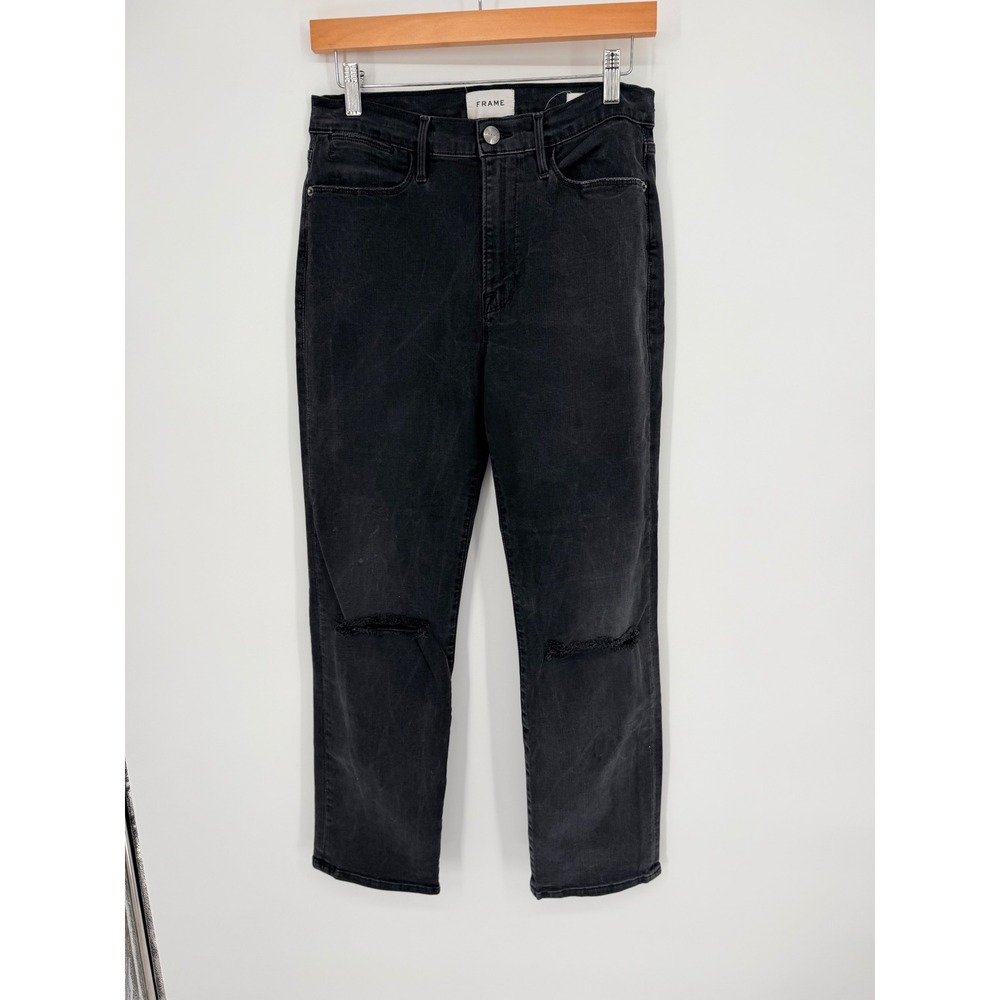 FRAME‎ Le High Straight Jeans Maverick Rips Black Distressed 30 LHST208